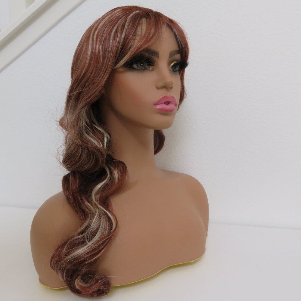 (#111) Long Wavy red, Blonde n brown ombré synthetic wig with bangs